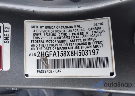 2008 Honda Civic Ex from USA, damaged, VIN 2HGFA158X8H503197